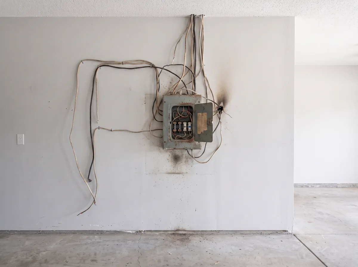 Before — an old fuse box with tangled wiring and scorching on the wall