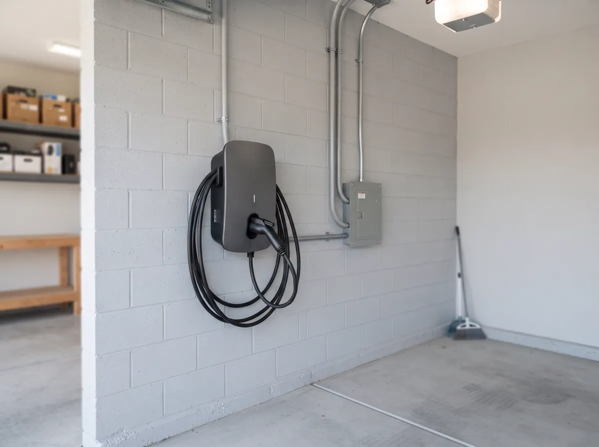 Wall-mounted home EV charger installed beside a neat conduit run
