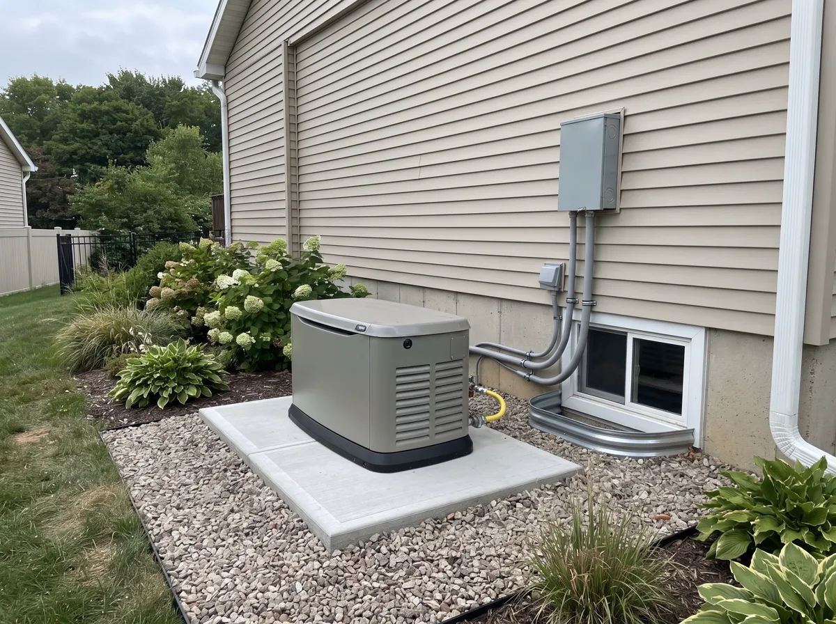 Home standby generator installed on a concrete pad beside a house