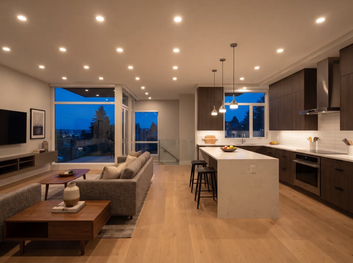 Living room with evenly spaced new recessed LED lighting