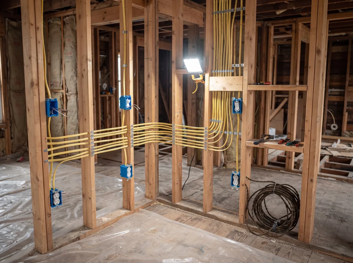 New electrical cable run neatly through open stud walls during a rewire