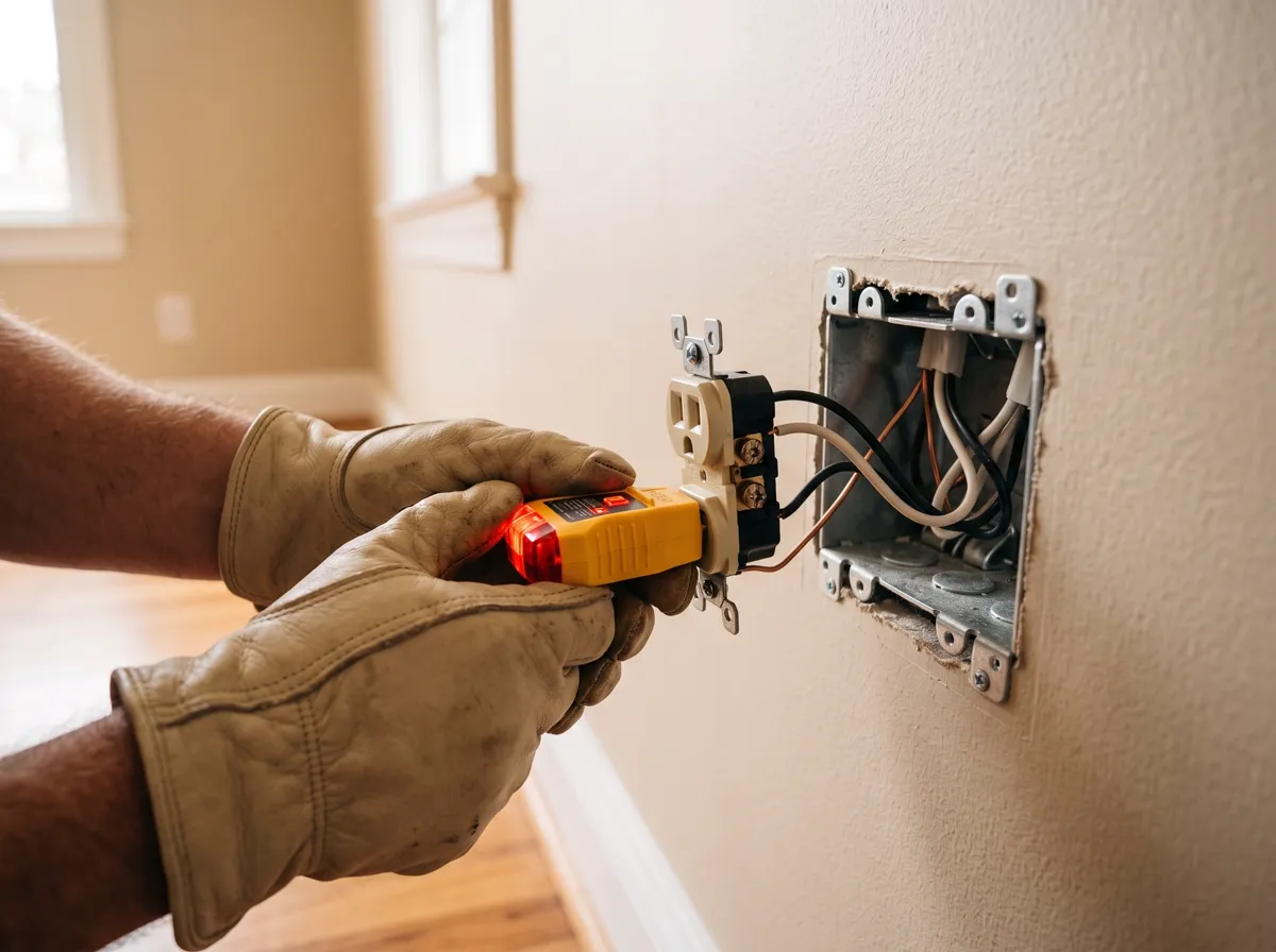 Electrician testing a wall outlet with a circuit tester