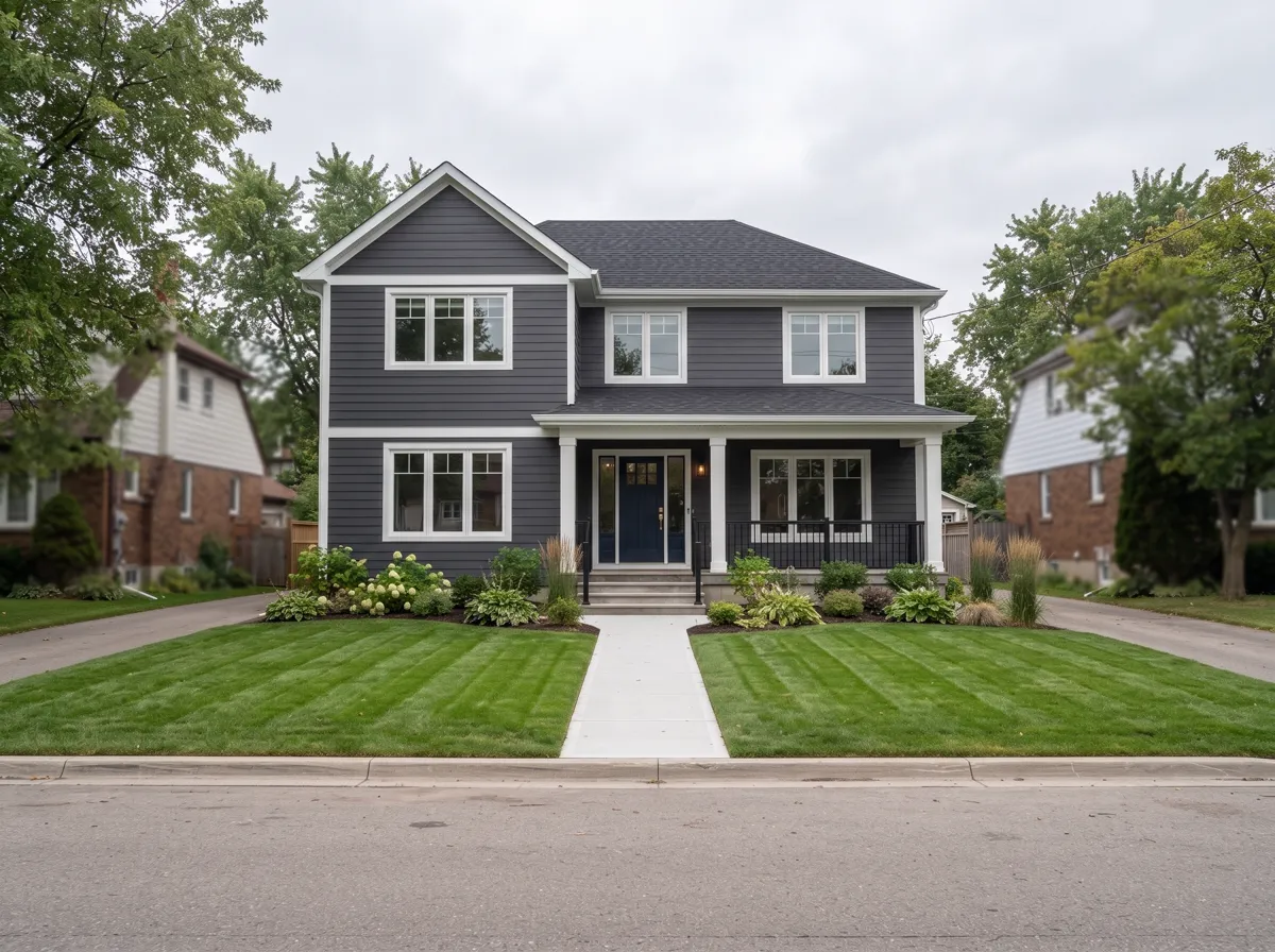 After — the same house with new siding, roof, windows and a rebuilt porch