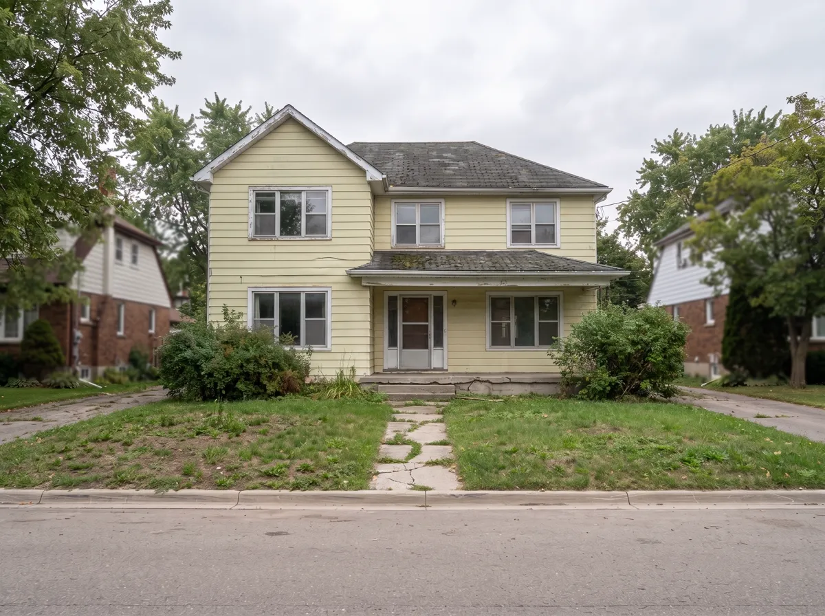 Before — a tired house with failing siding, an aged roof and old windows