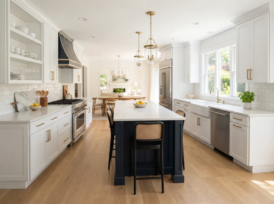 Finished kitchen with new cabinetry, island and appliances