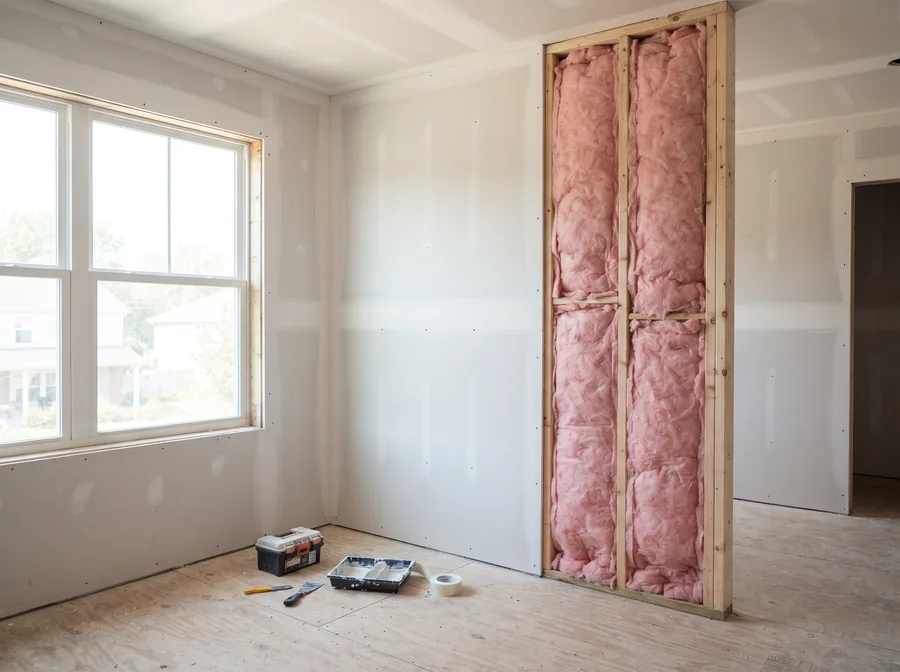 Interior rebuild in progress with new framing, insulation and drywall
