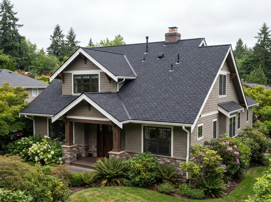 Home with a new architectural shingle roof and new gutters