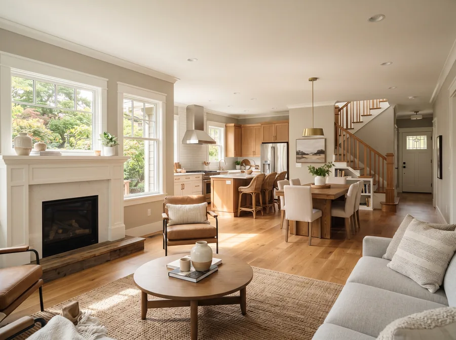 Renovated open-plan living, dining and kitchen