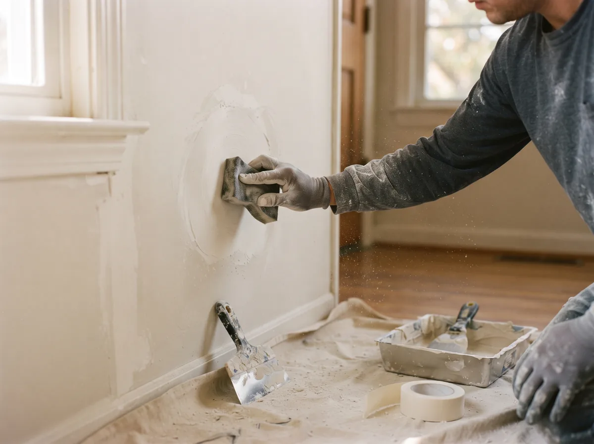 Drywall patch being sanded and feathered before touch-up paint