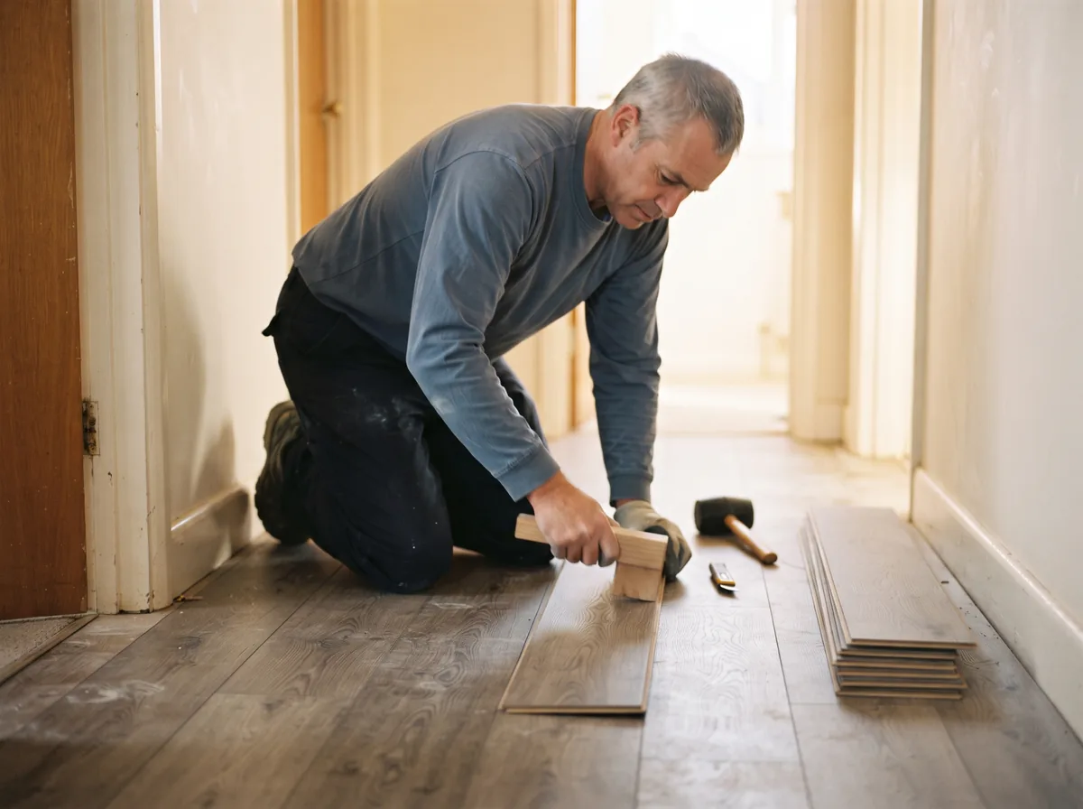 Replacement flooring planks being fitted in a hallway