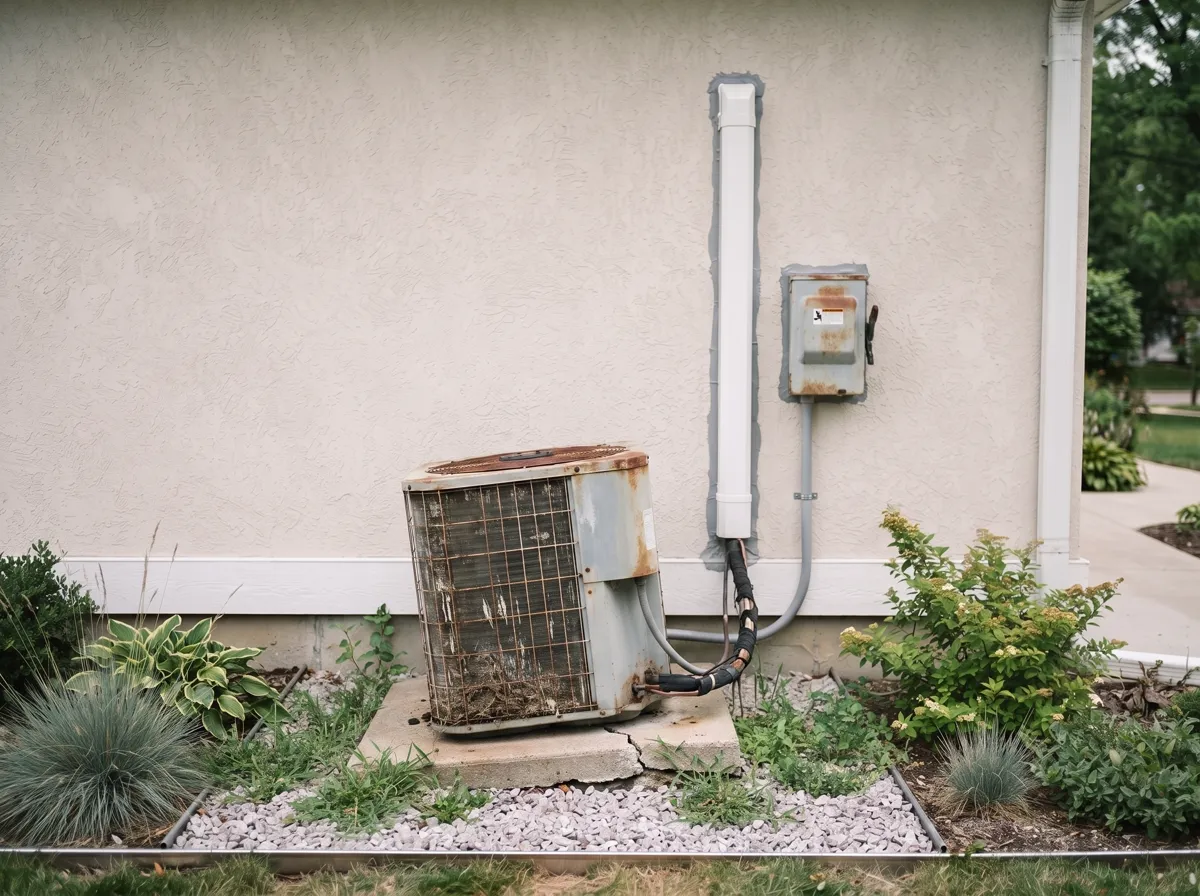 Before — a rusted condenser sitting crooked on a cracked pad with sagging bare lines