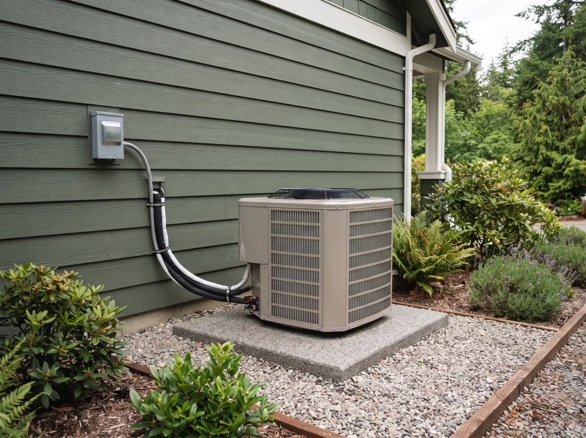 Newly installed outdoor heat pump unit on a level pad beside a house