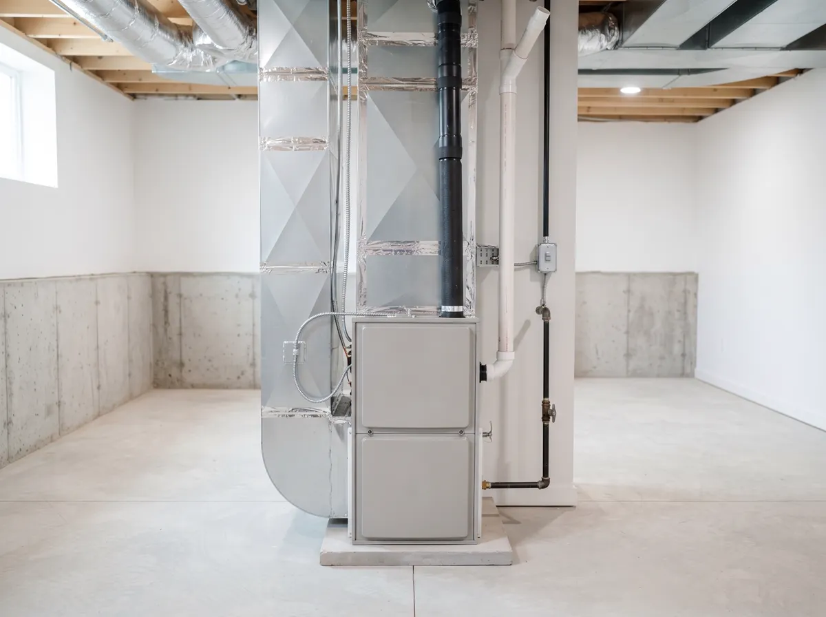 Newly installed high-efficiency furnace with square sheet-metal ductwork