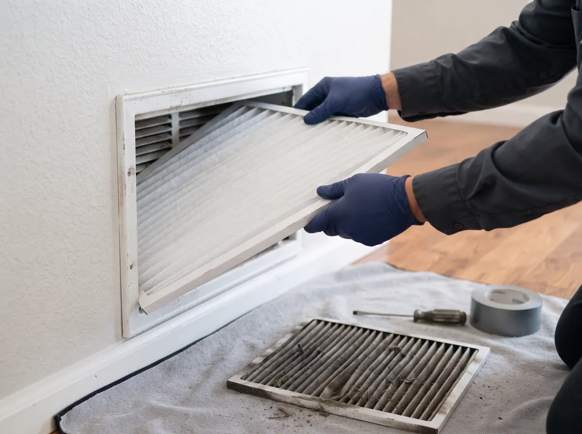 Technician fitting a clean new pleated air filter into a return grille