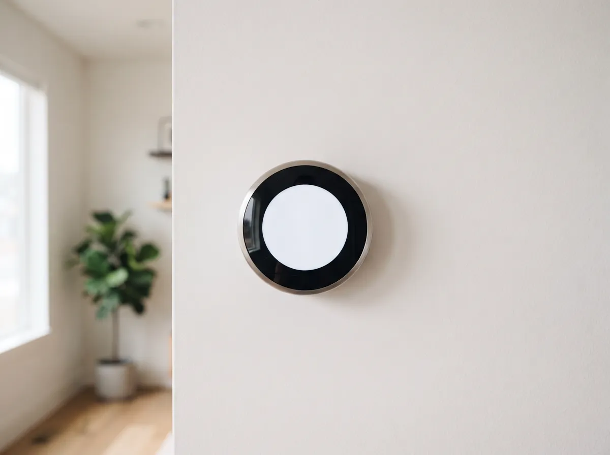 Smart thermostat newly installed on a clean interior wall