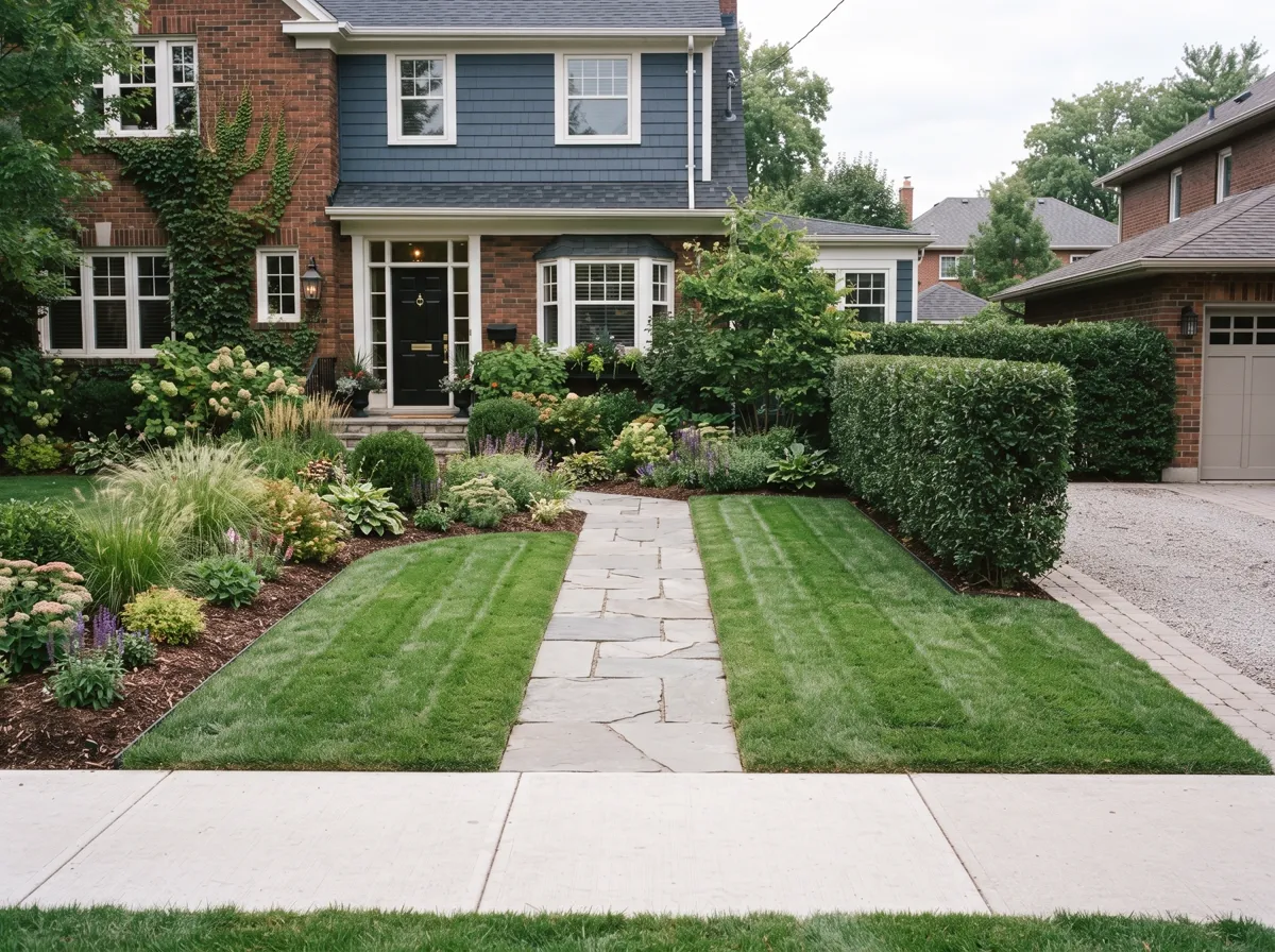 After — a striped lawn with crisp edges, mulched beds and a clean path
