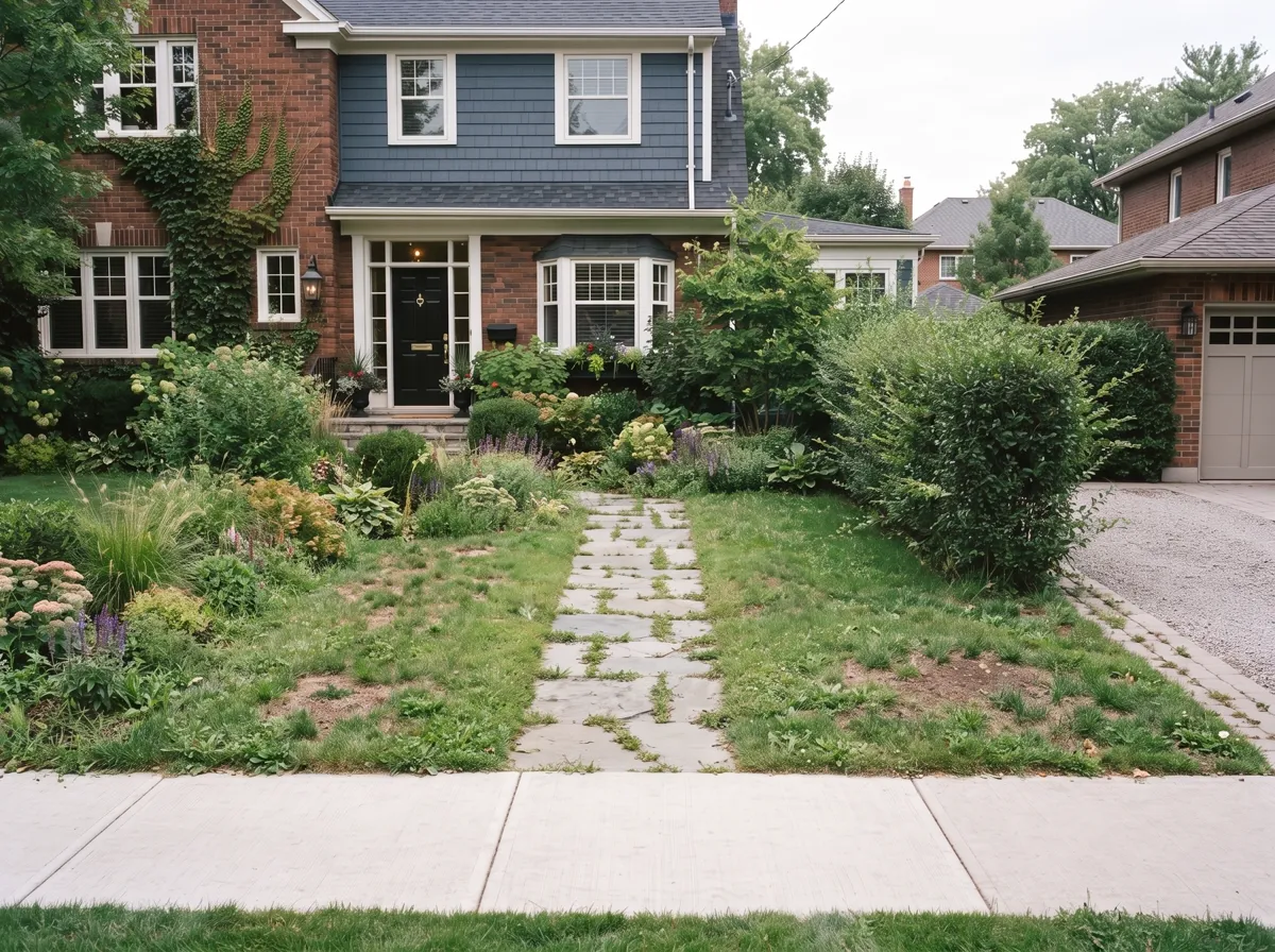 Before — a patchy weedy lawn, overgrown shrubs and a path with grass through the joints