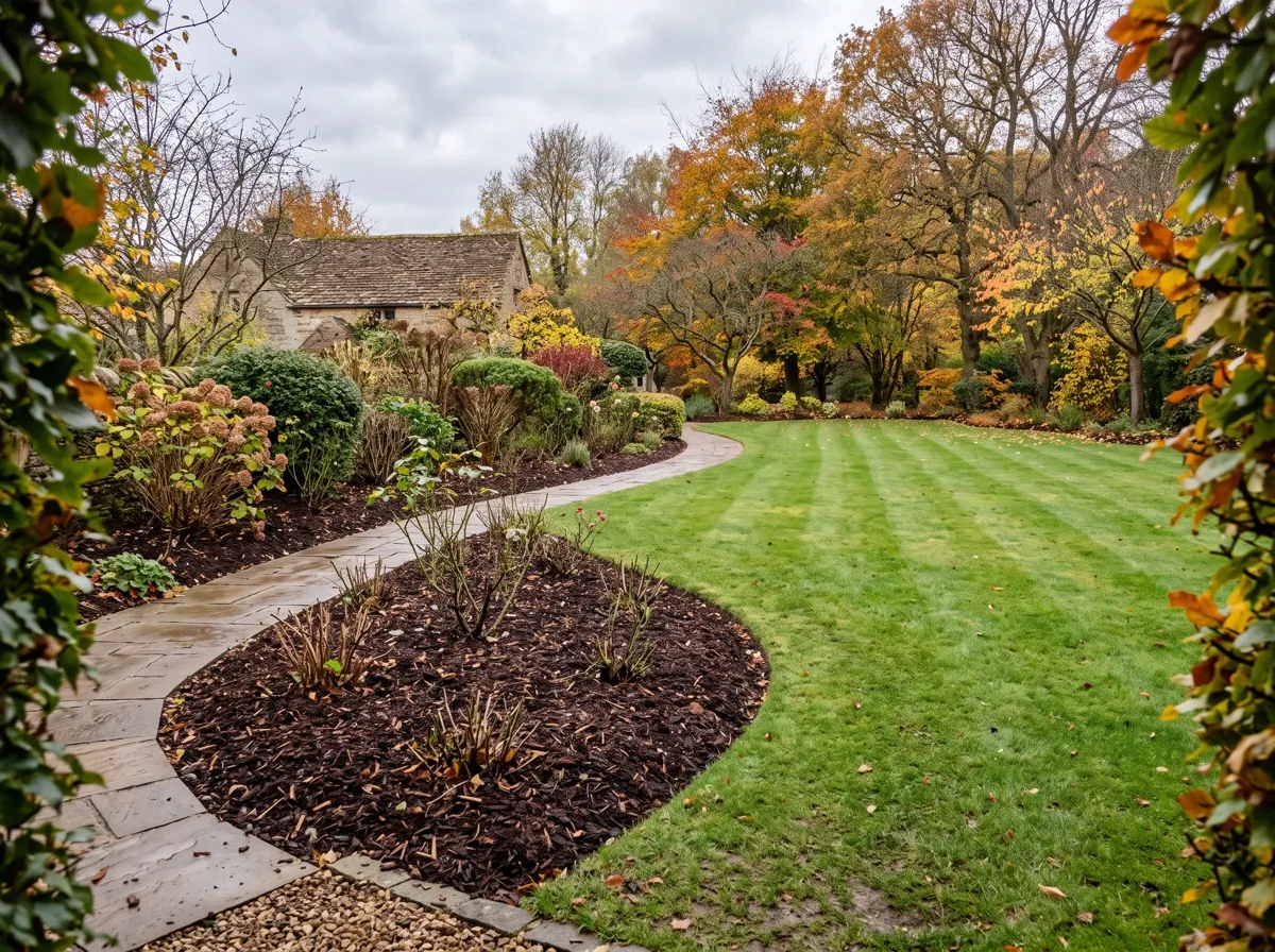 Garden tidied for winter with beds cut back and freshly mulched