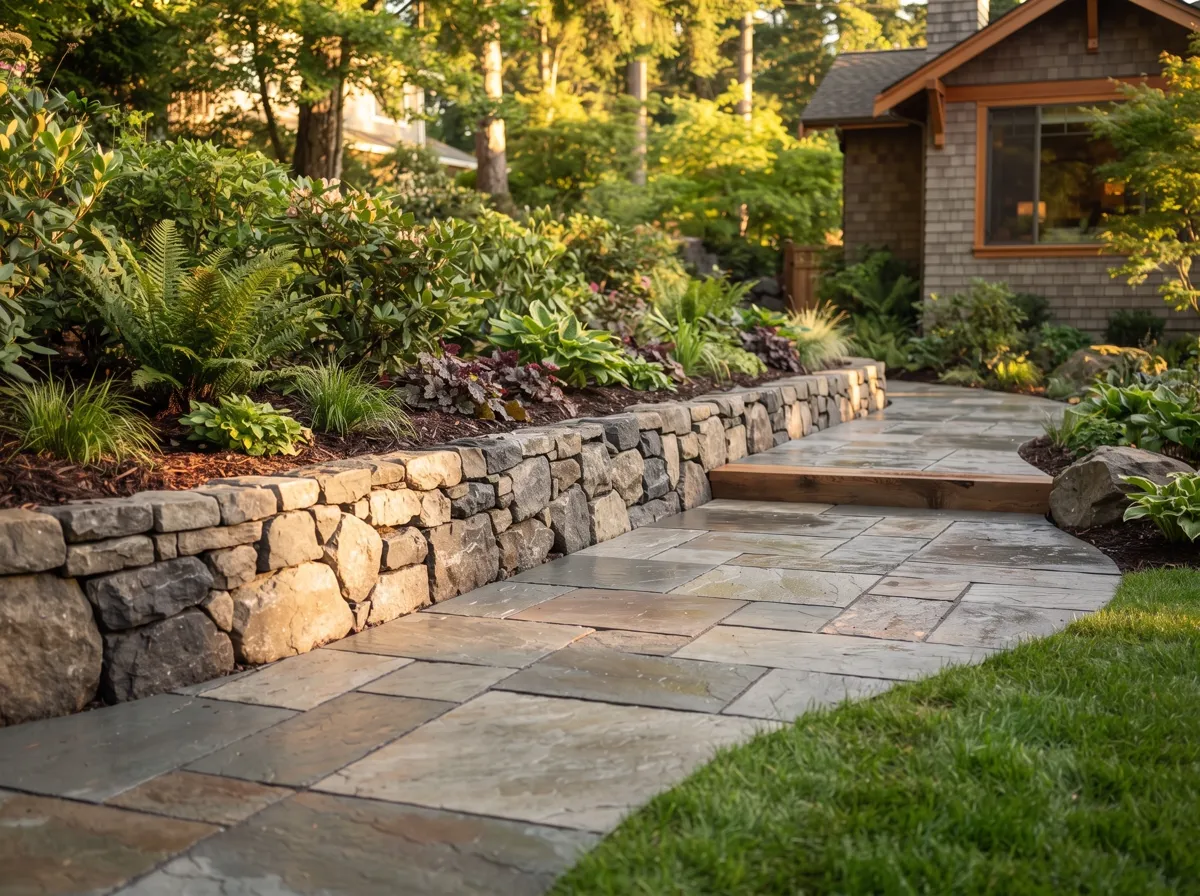New flagstone patio and dry-stacked stone retaining wall