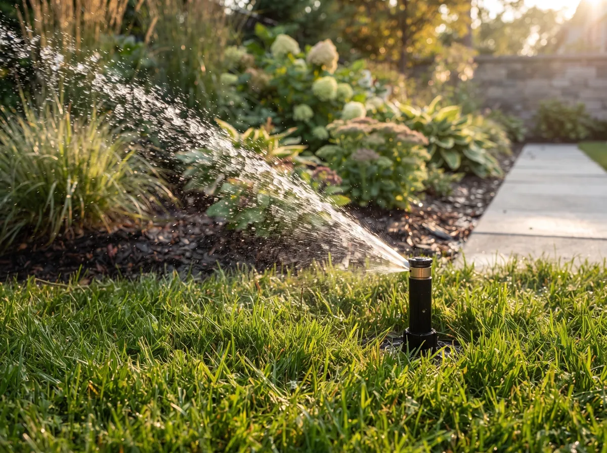 Lawn sprinkler head running with a clean arc of water over green turf