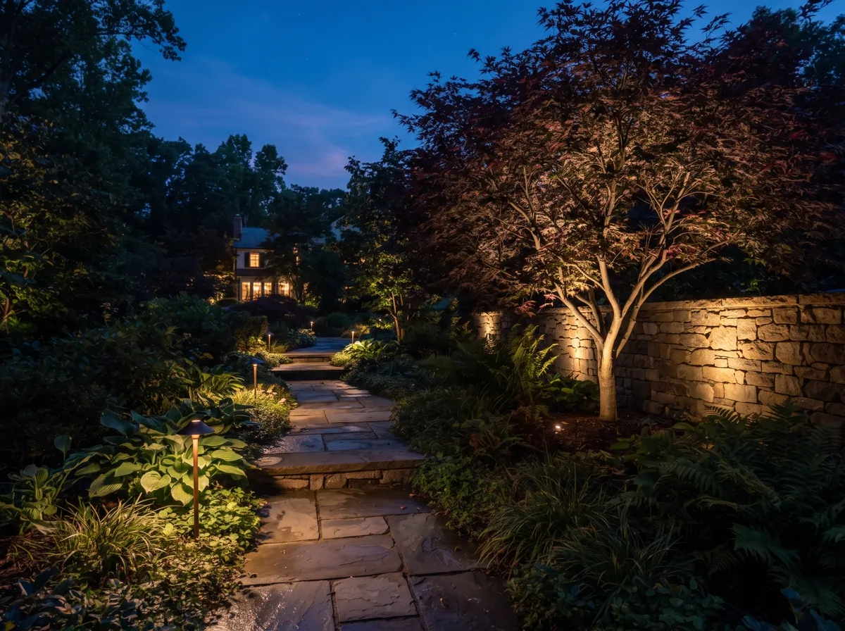 Garden at dusk with warm low-voltage path lighting and uplit trees