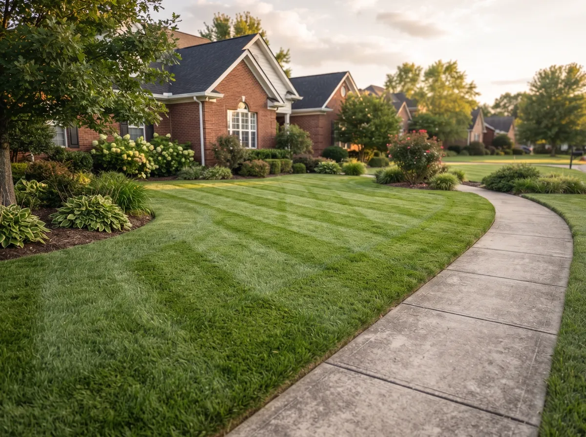 Immaculate striped lawn with sharp edges along a concrete path