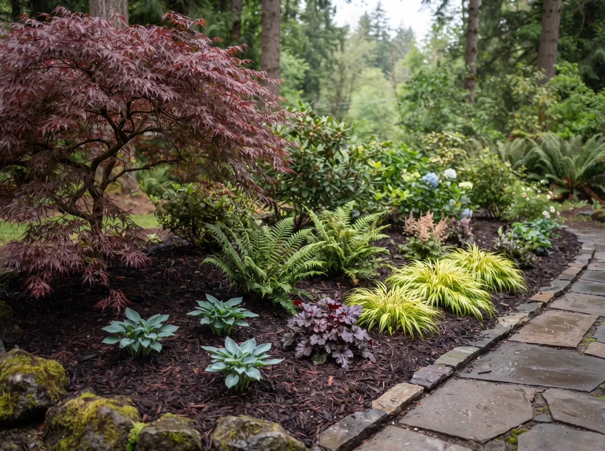 Freshly planted garden bed with layered shrubs, ferns and grasses in bark mulch