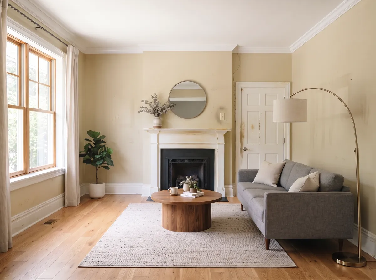 Before — a room with tired, patchy paint and worn trim