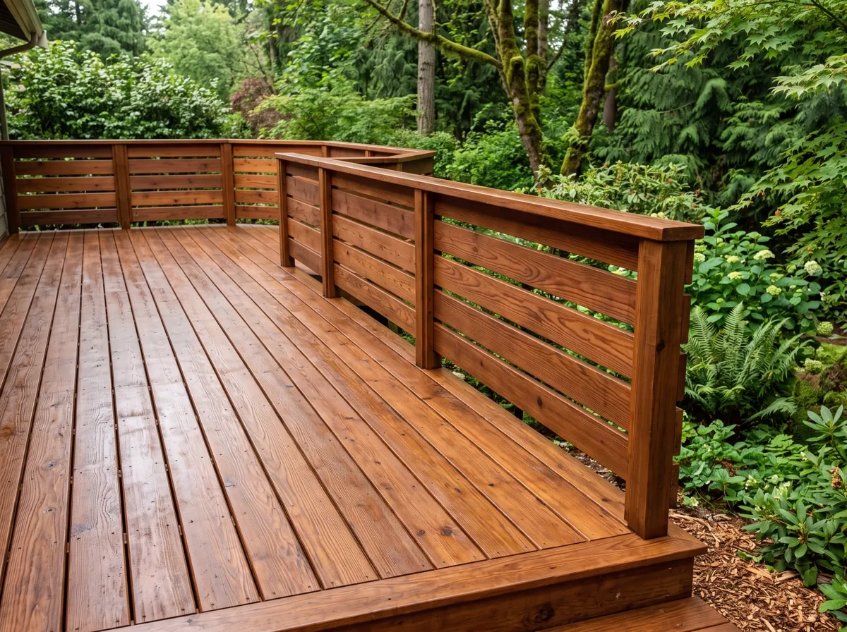 Freshly stained wood deck boards and railing