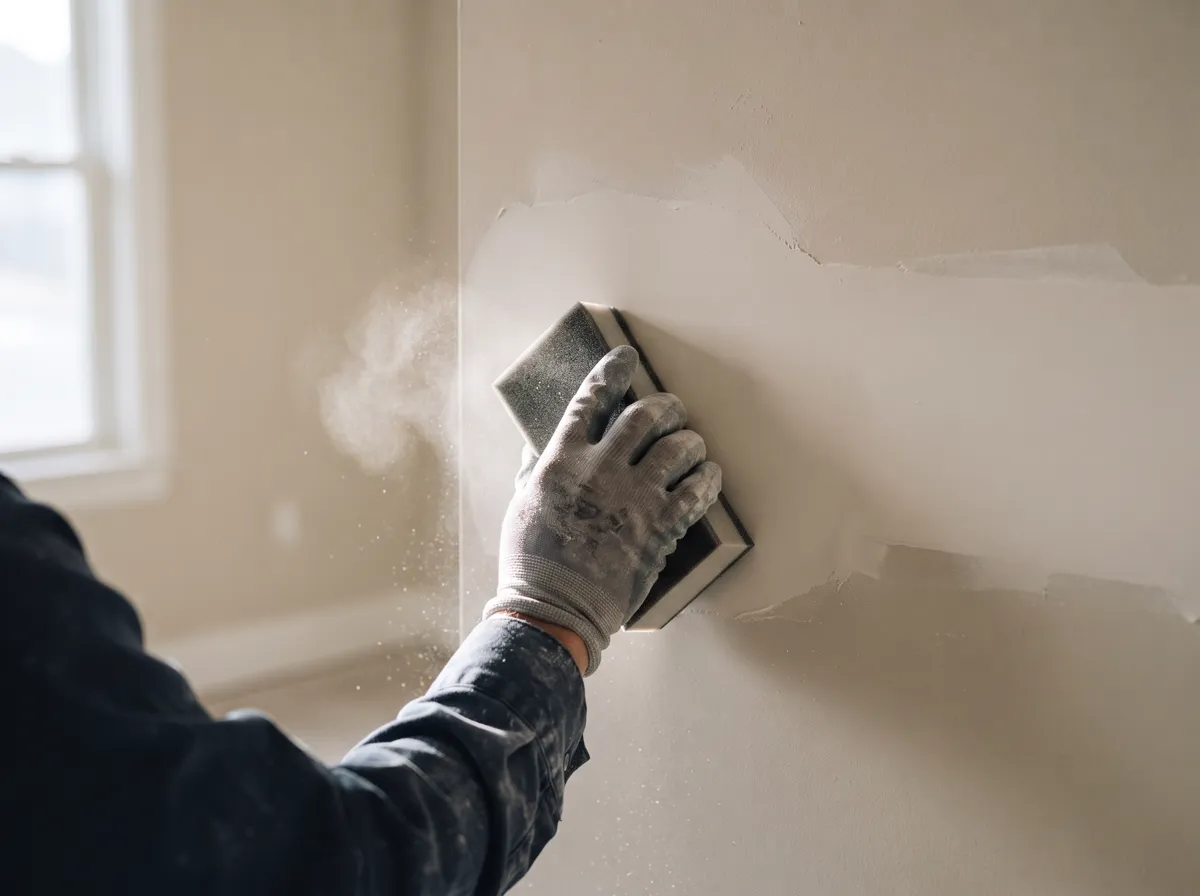 Drywall patch being sanded smooth before painting