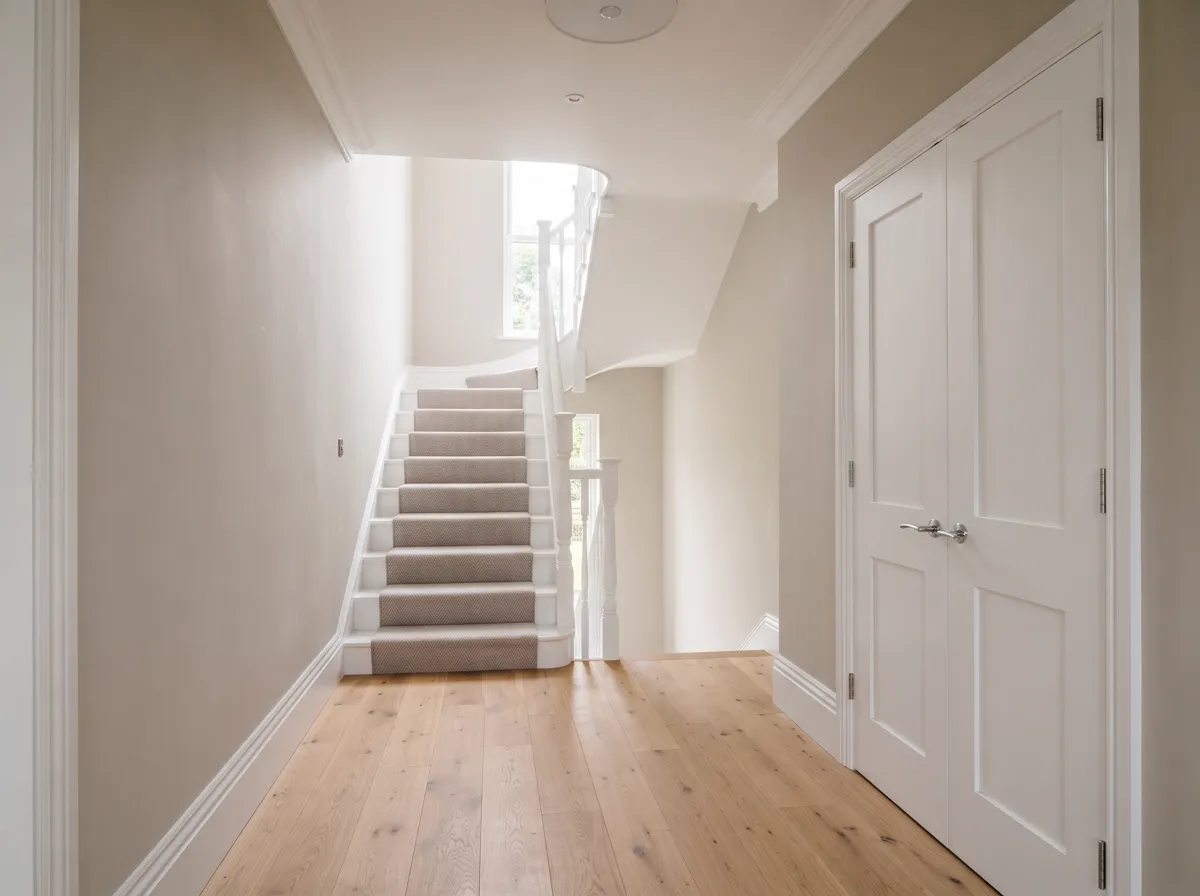 Painter rolling a finish coat onto an interior wall beside masked trim