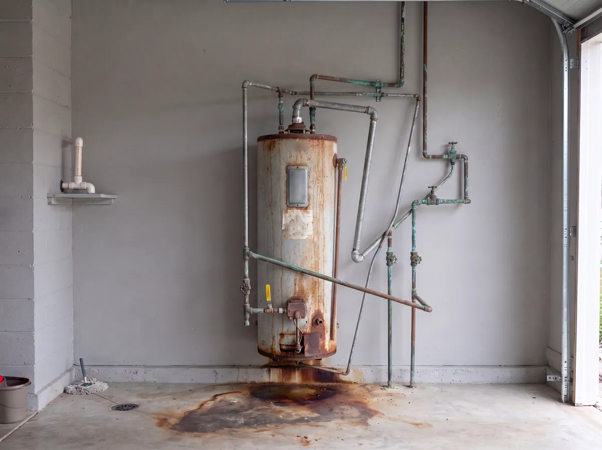 Before — a corroded water heater and tangled old galvanised pipework