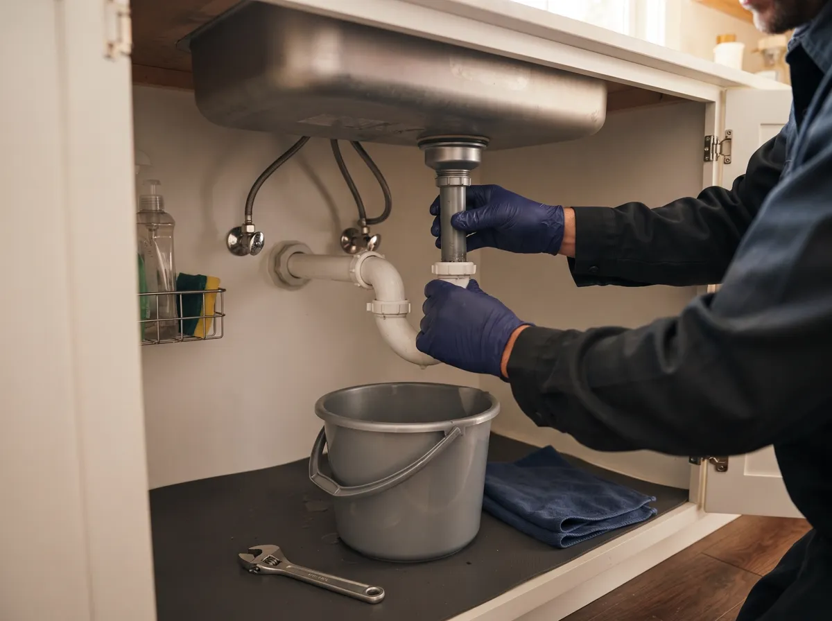 Plumber clearing a kitchen sink drain trap with a bucket underneath
