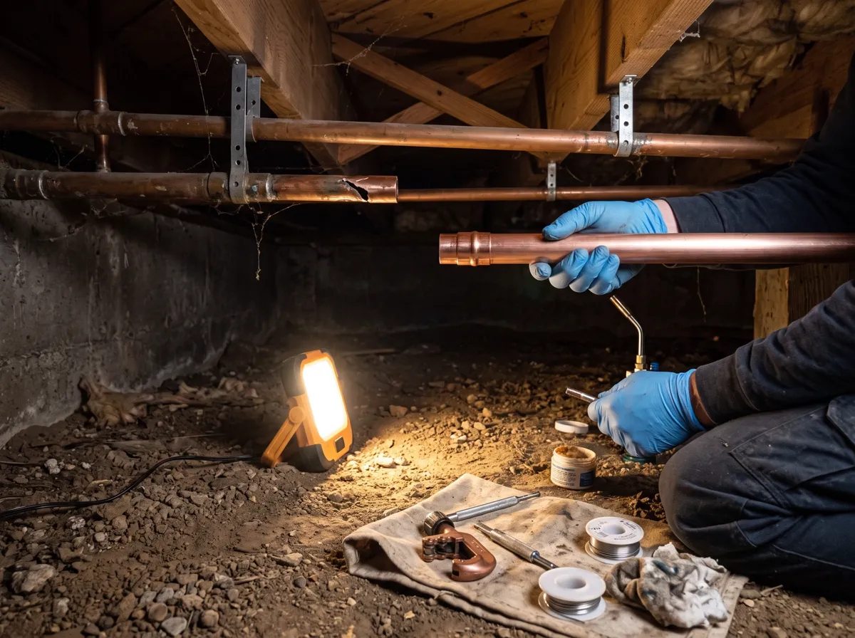Damaged section of copper pipe cut out and replaced under a house