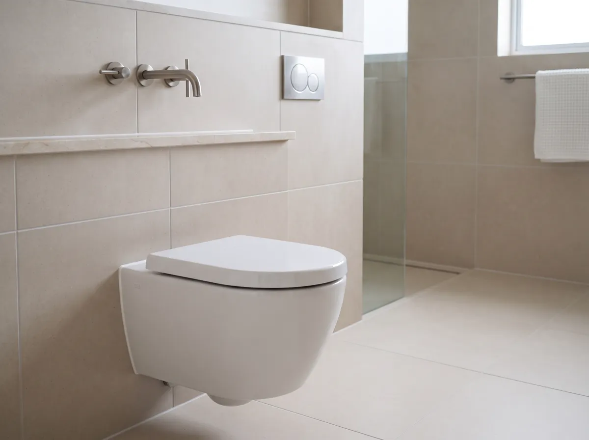 Newly installed bathroom tap and toilet against tiled walls