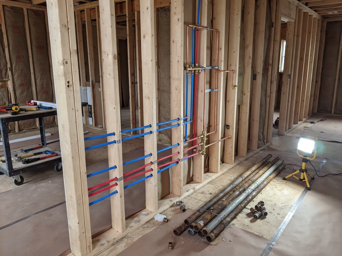 New water lines run neatly through open stud walls during a repipe