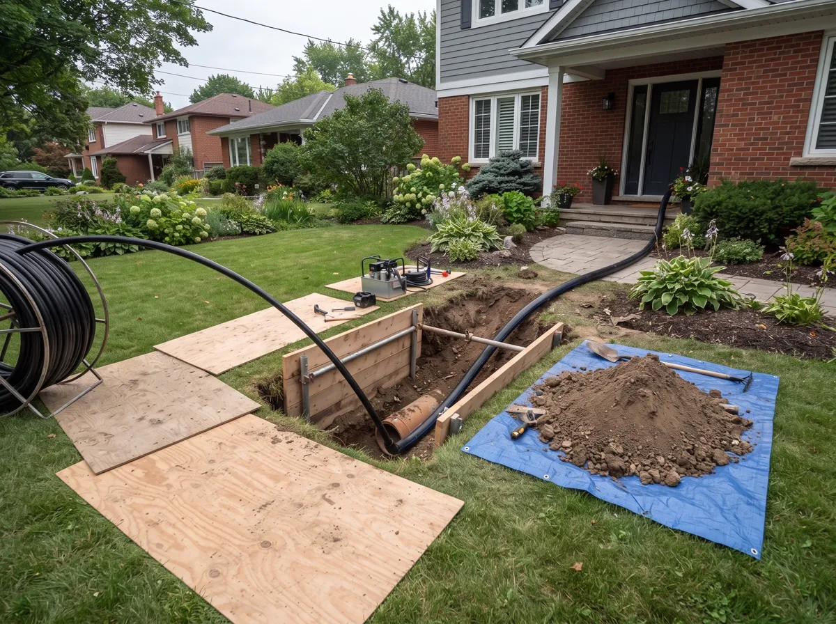 Neat trenchless sewer repair excavation with new pipe being fed in