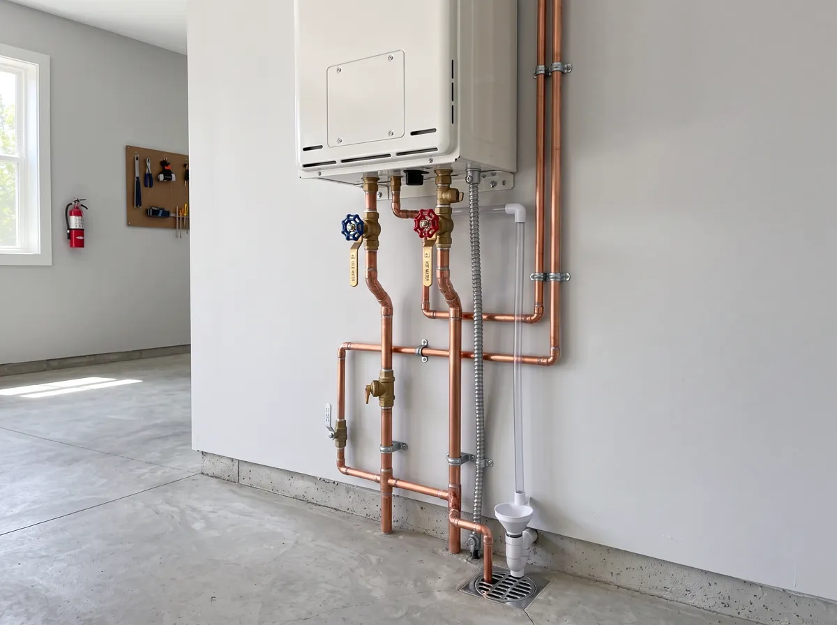 Newly installed tankless water heater with neat copper supply lines