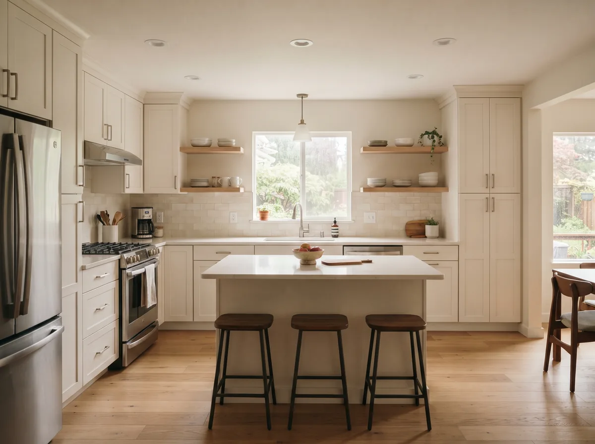 After — the same kitchen remodeled with new cabinetry, counters and tile
