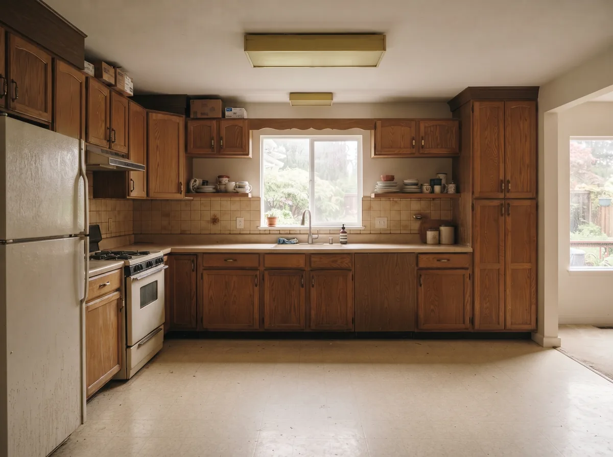 Before — a dated kitchen with worn cabinets and old flooring