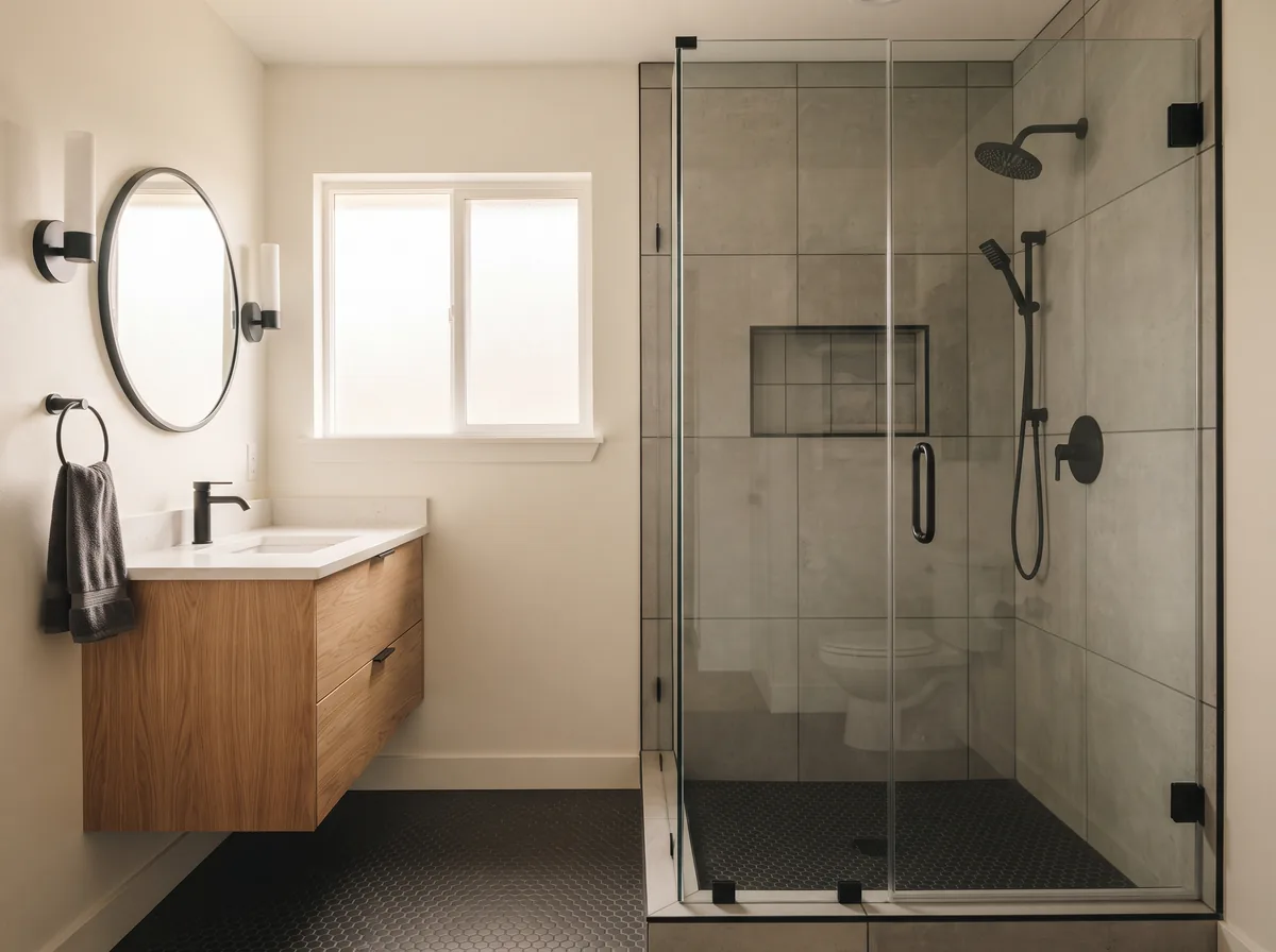 Renovated bathroom with tiled shower