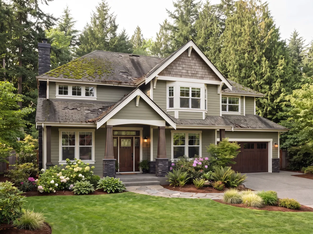Before — a home with an aged, mossy roof