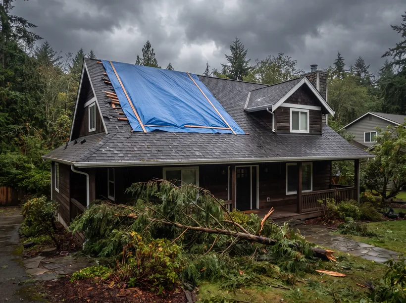 Storm-damaged roof with emergency tarp